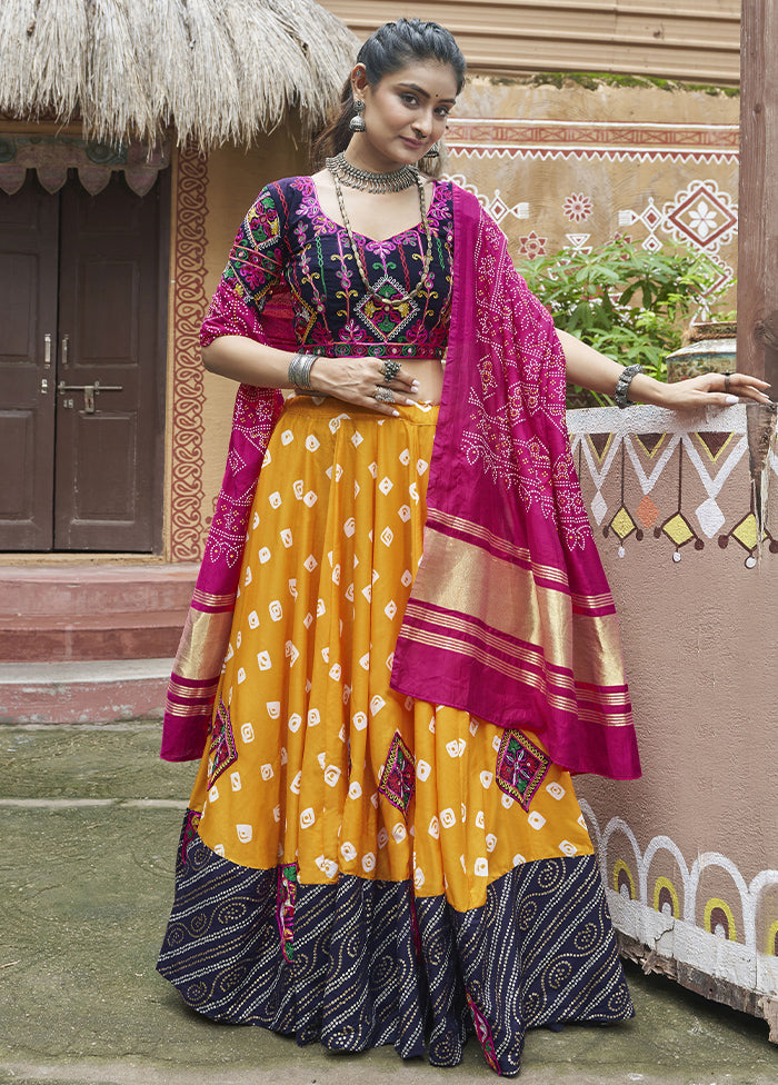 3 Pc Yellow Cotton Readymade Lehenga Set