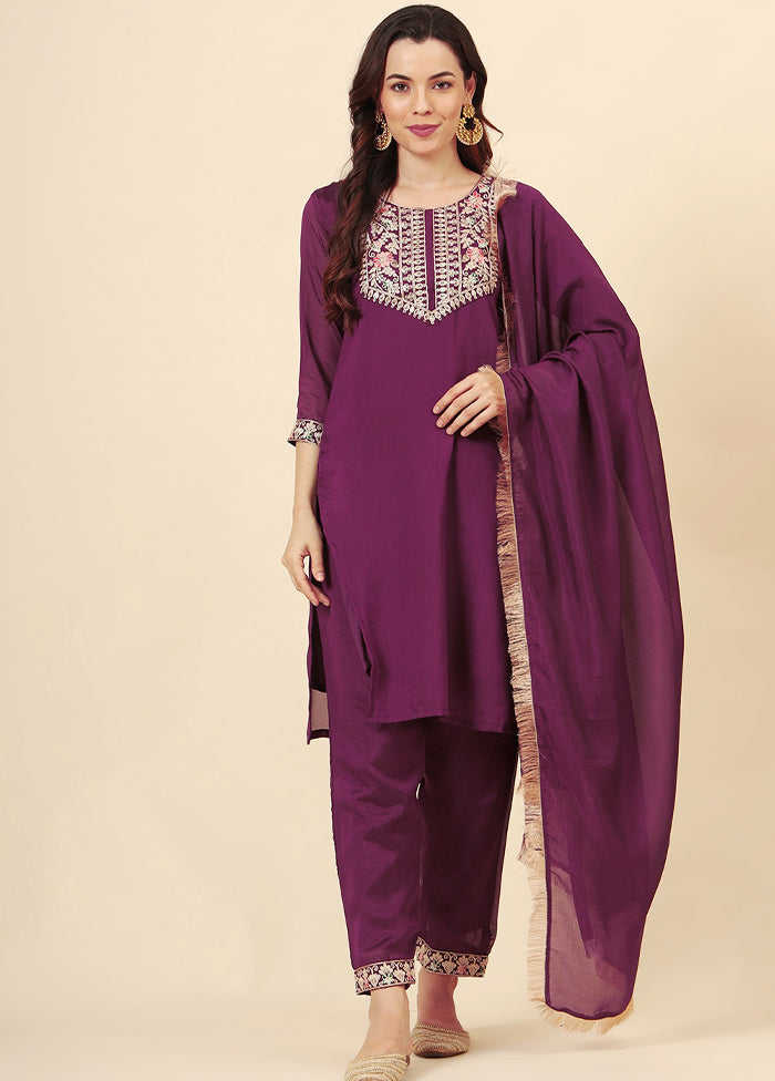 3 Pc Wine Readymade Silk Suit Set