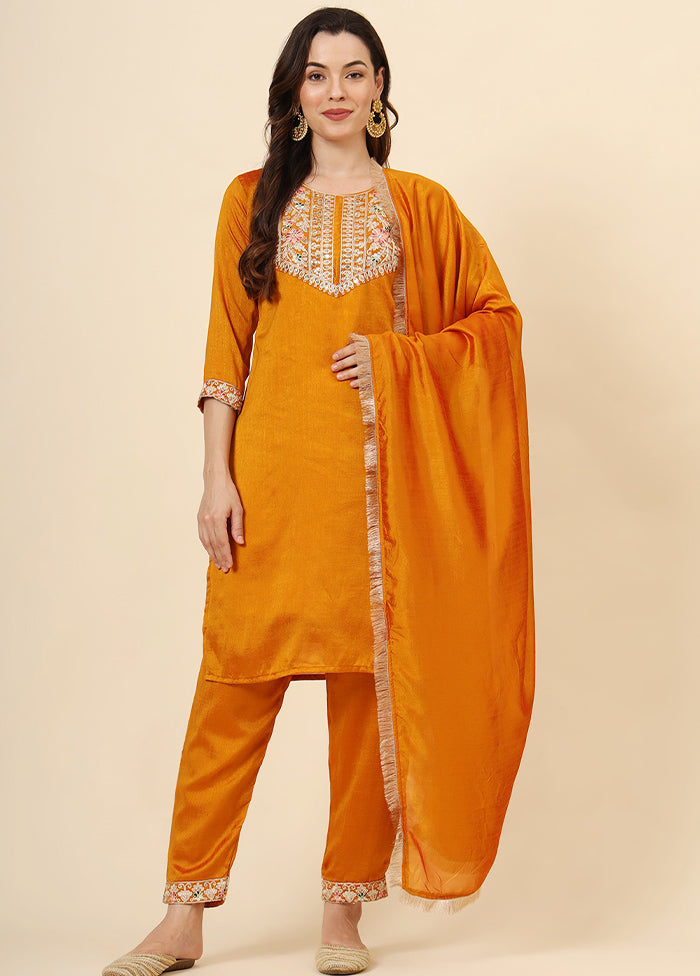 3 Pc Mustard Readymade Silk Suit Set