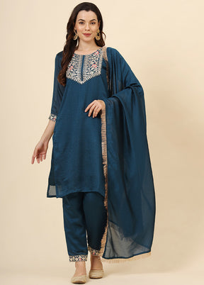 3 Pc Teal Blue Readymade Silk Suit Set