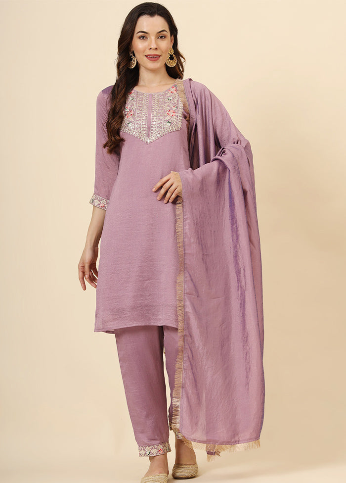 3 Pc Purple Readymade Silk Suit Set