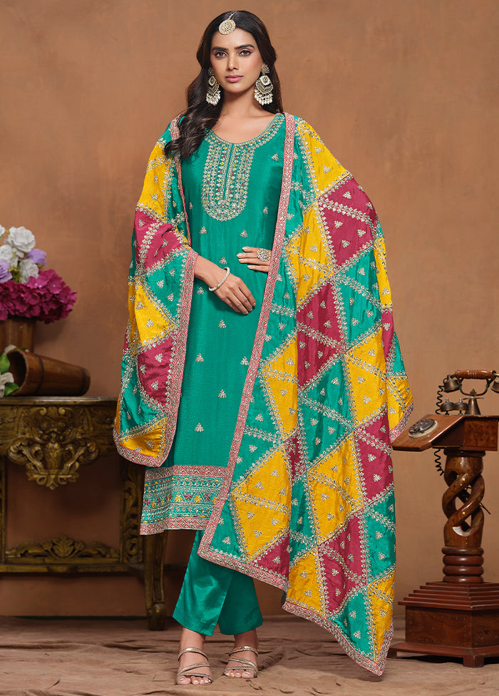 3 Pc Sea Green Semi Stitched Silk Suit Set