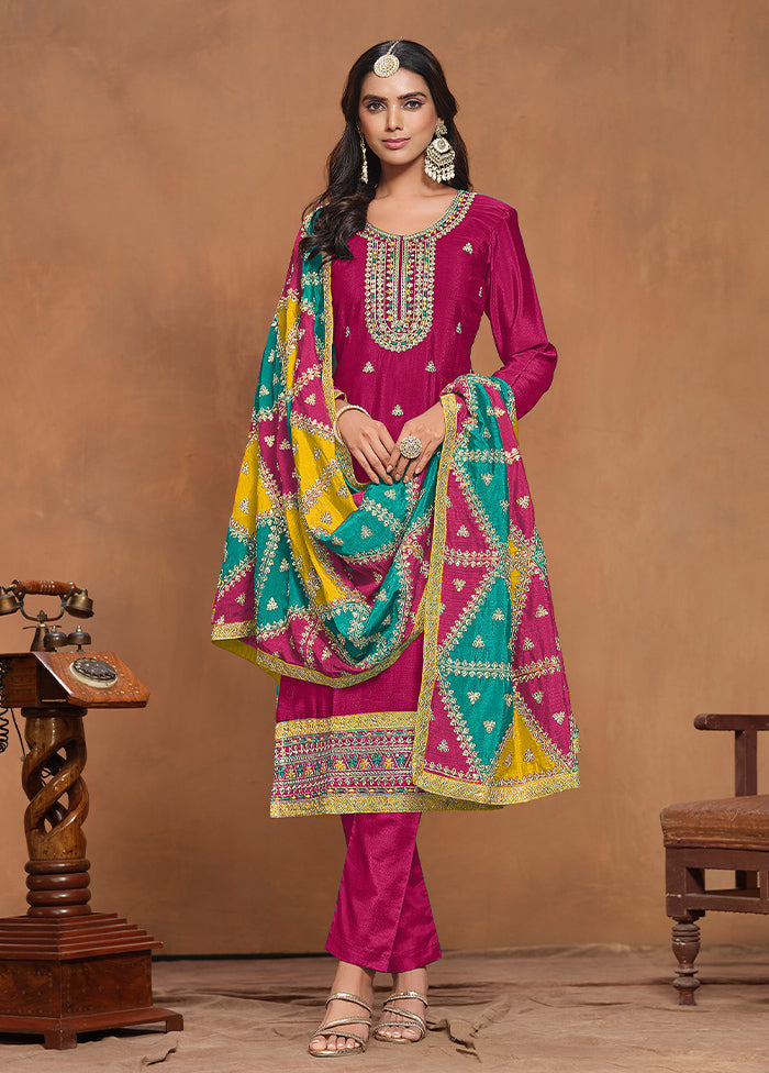 3 Pc Pink Semi Stitched Silk Suit Set