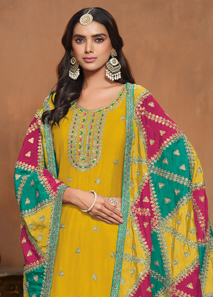 3 Pc Yellow Semi Stitched Silk Suit Set