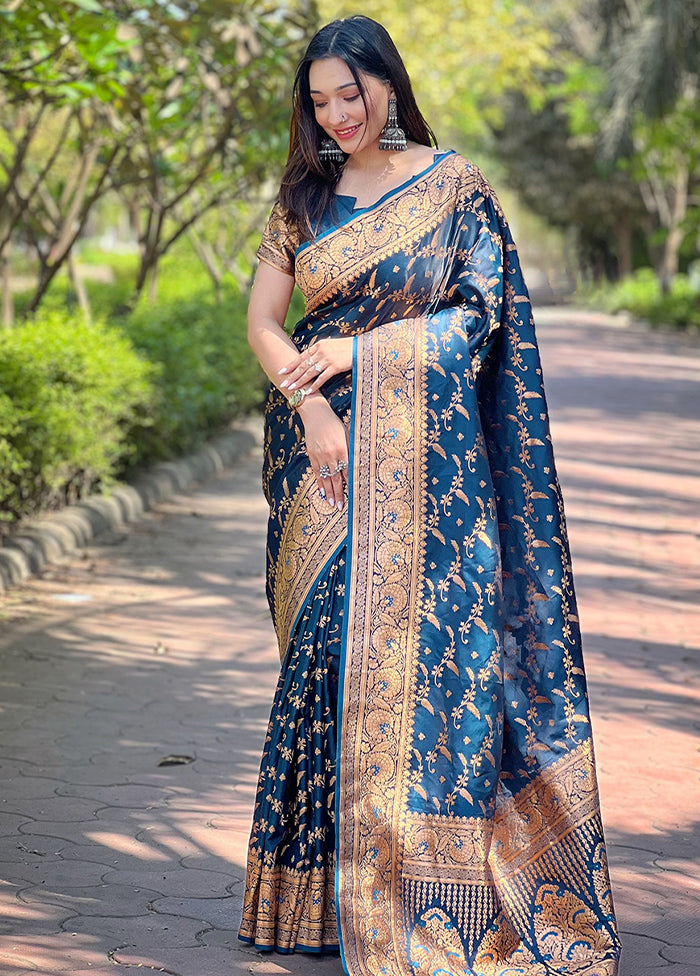 Blue Banarasi Silk Saree With Blouse Piece