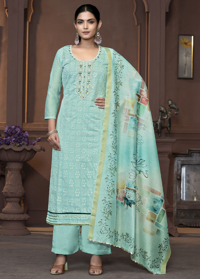 3 Pc Sea Green Semi Stitched Silk Suit Set