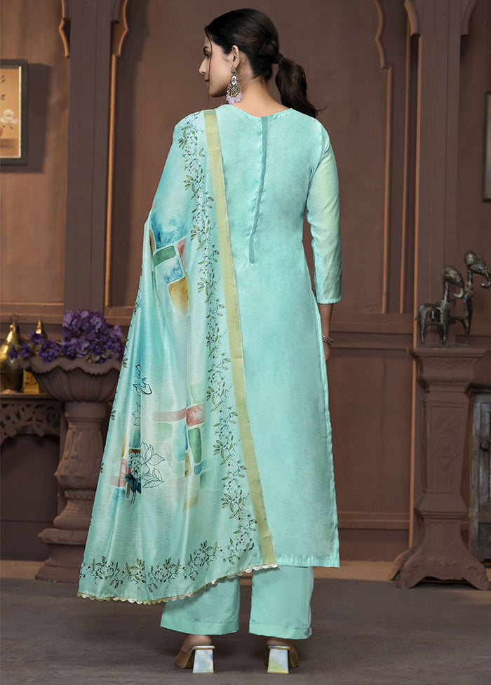 3 Pc Sea Green Semi Stitched Silk Suit Set