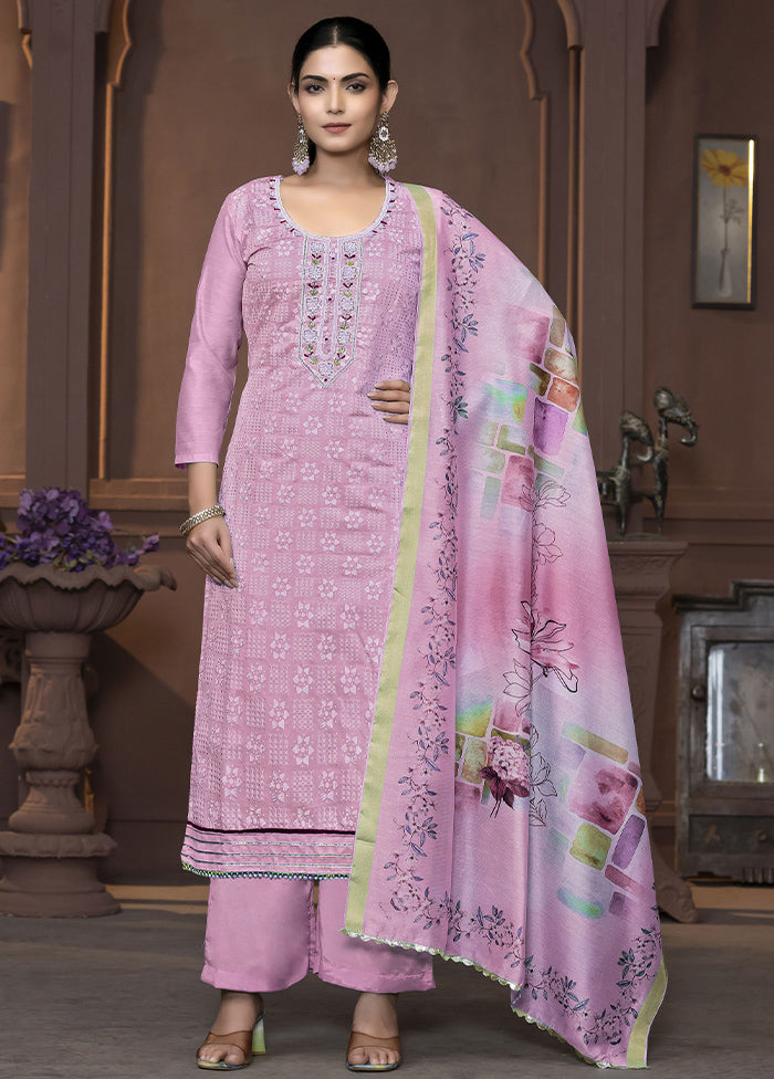 3 Pc Purple Semi Stitched Silk Suit Set