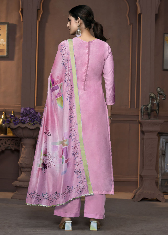 3 Pc Purple Semi Stitched Silk Suit Set