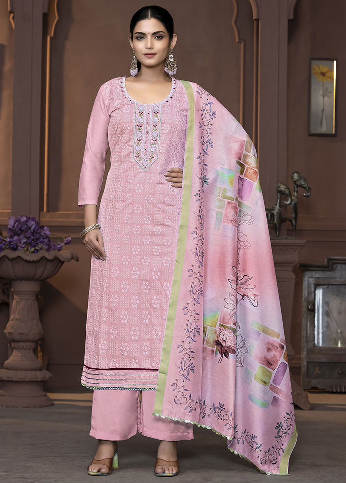 3 Pc Pink Semi Stitched Silk Suit Set