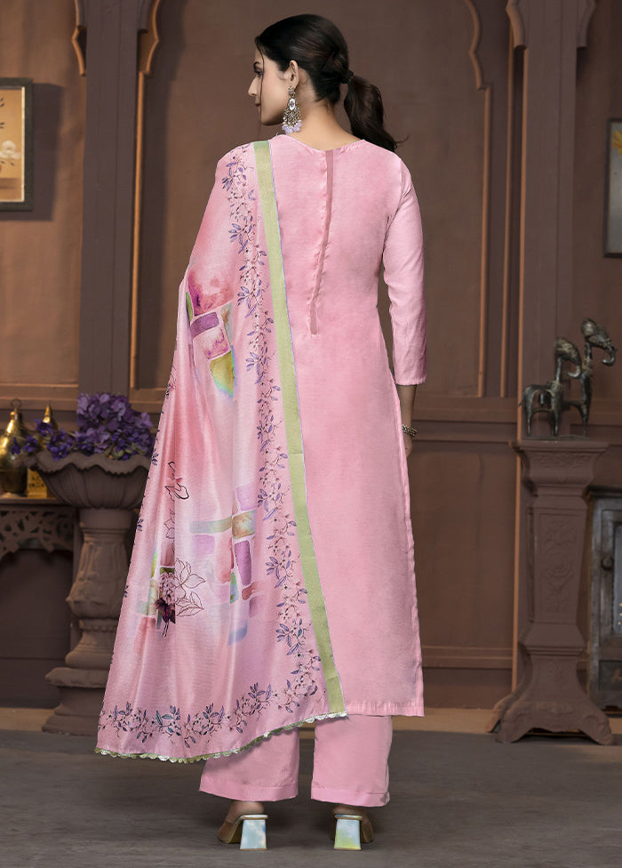 3 Pc Pink Semi Stitched Silk Suit Set