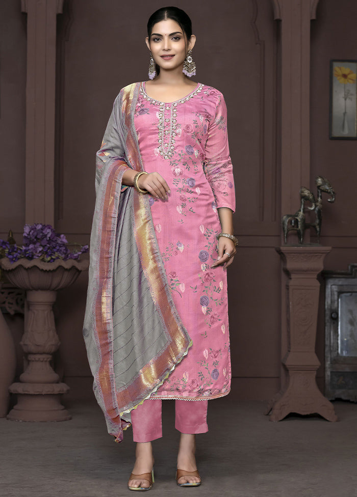 3 Pc Pink Semi Stitched Net Suit Set