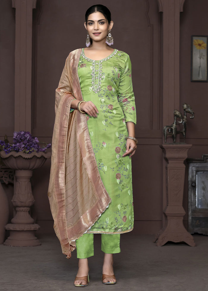 3 Pc Green Semi Stitched Net Suit Set