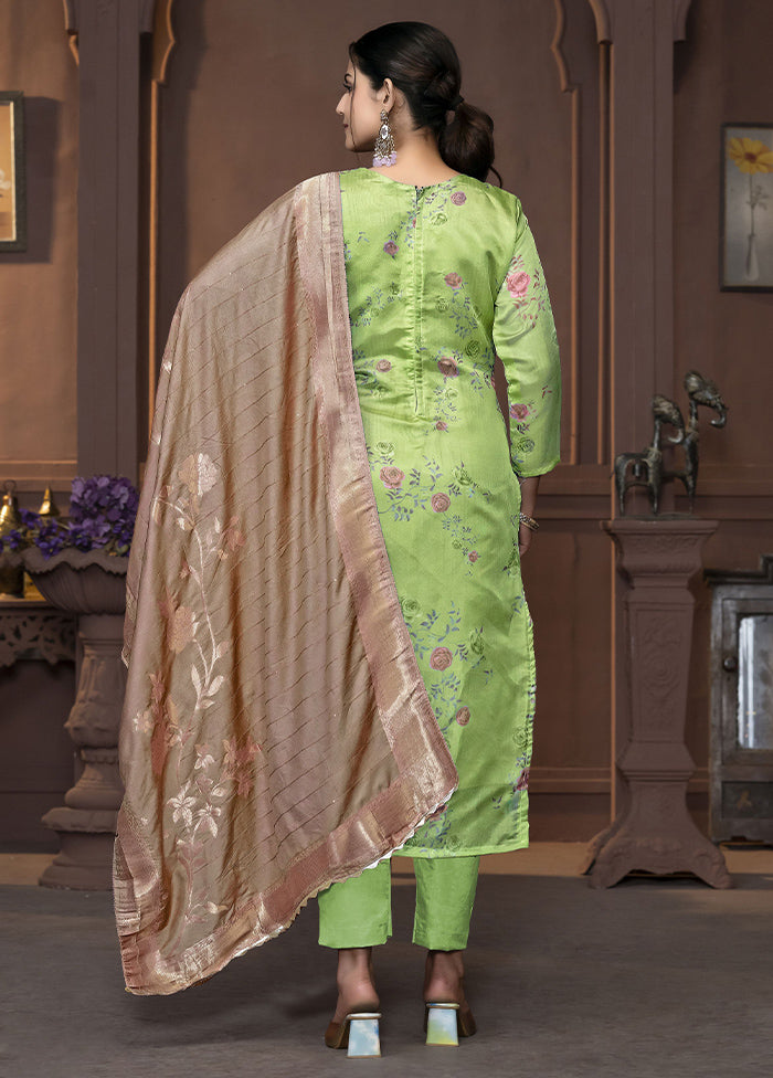 3 Pc Green Semi Stitched Net Suit Set