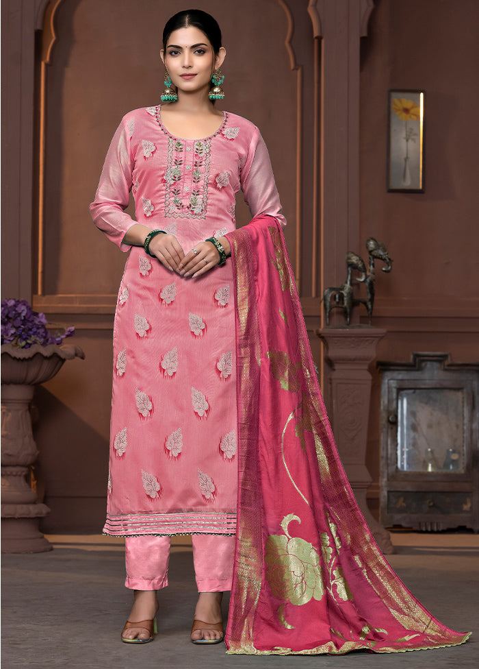 3 Pc Pink Semi Stitched Silk Suit Set