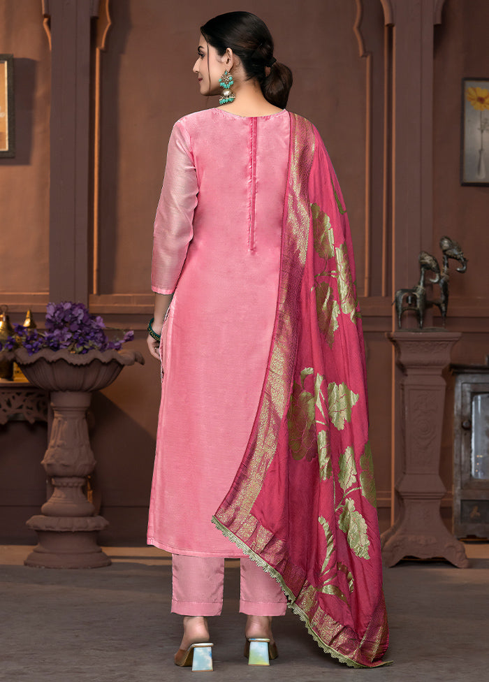 3 Pc Pink Semi Stitched Silk Suit Set