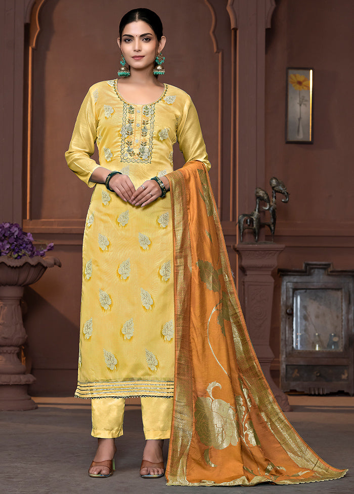 3 Pc Yellow Semi Stitched Silk Suit Set