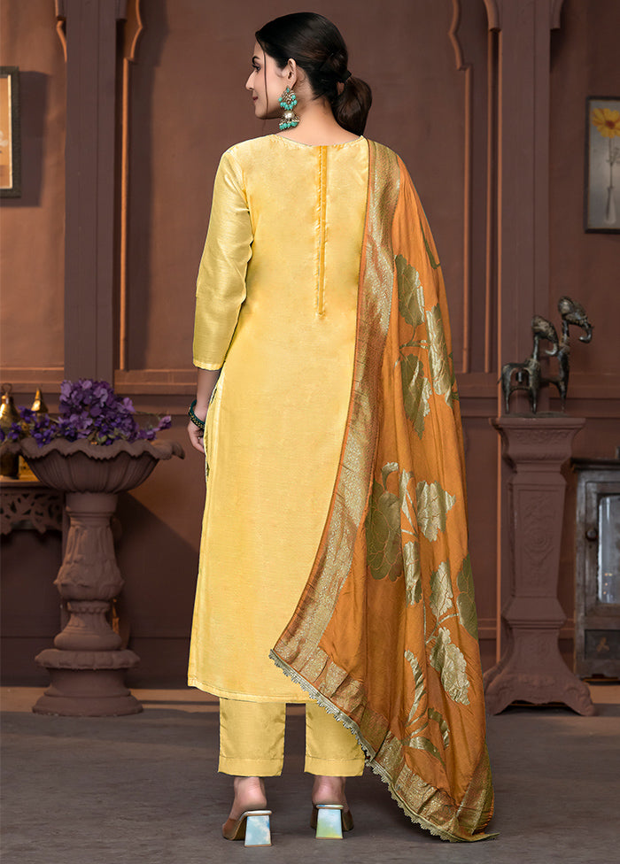 3 Pc Yellow Semi Stitched Silk Suit Set