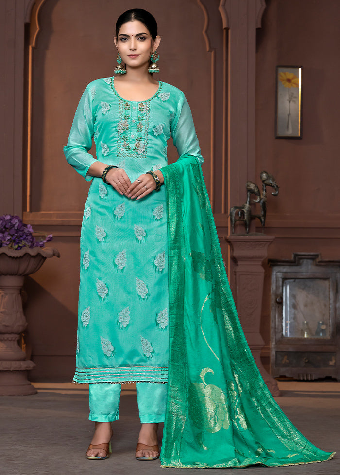 3 Pc Sea Green Semi Stitched Silk Suit Set