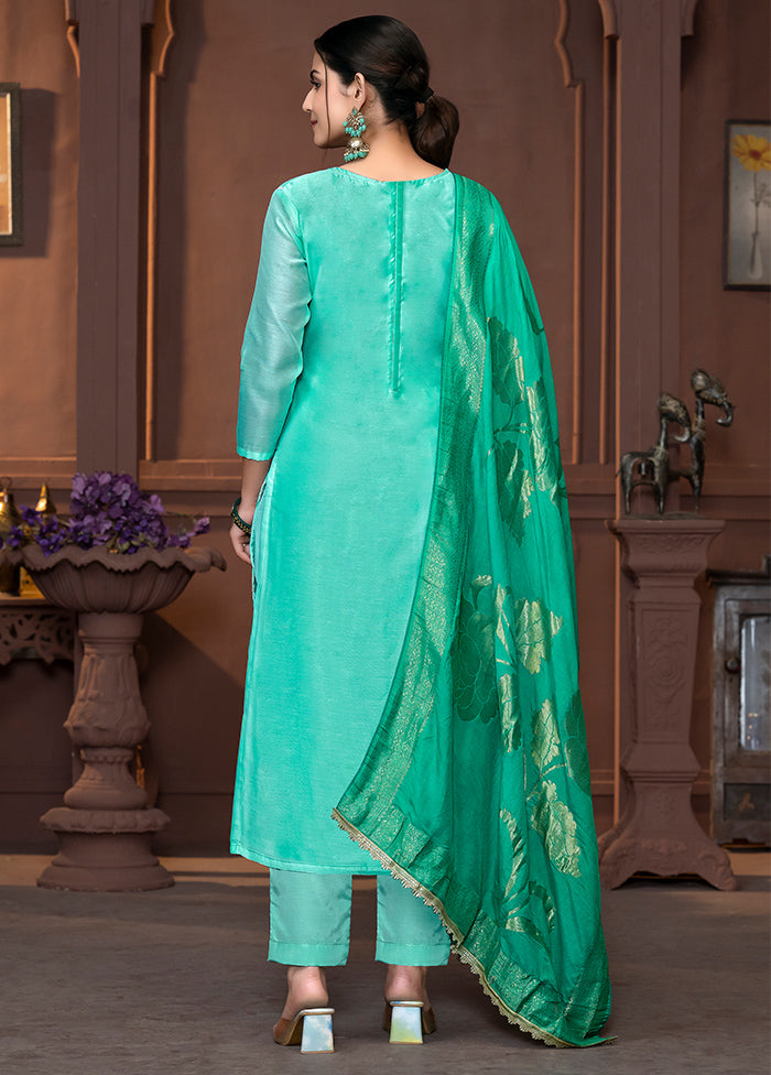 3 Pc Sea Green Semi Stitched Silk Suit Set