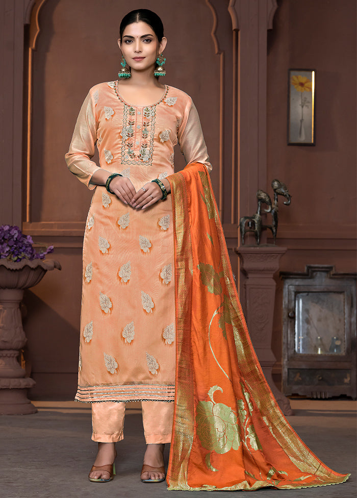 3 Pc Peach Semi Stitched Silk Suit Set