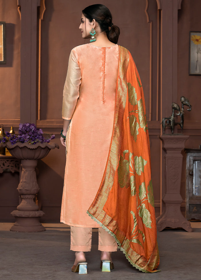 3 Pc Peach Semi Stitched Silk Suit Set