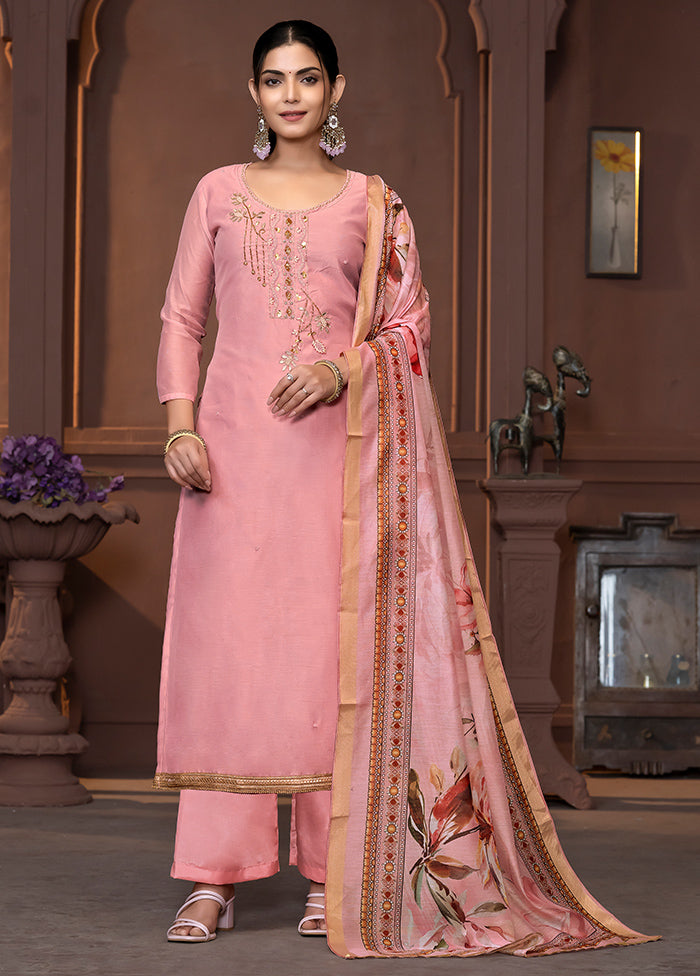 3 Pc Pink Semi Stitched Silk Suit Set