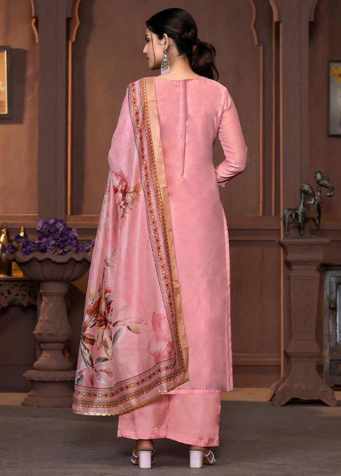 3 Pc Pink Semi Stitched Silk Suit Set