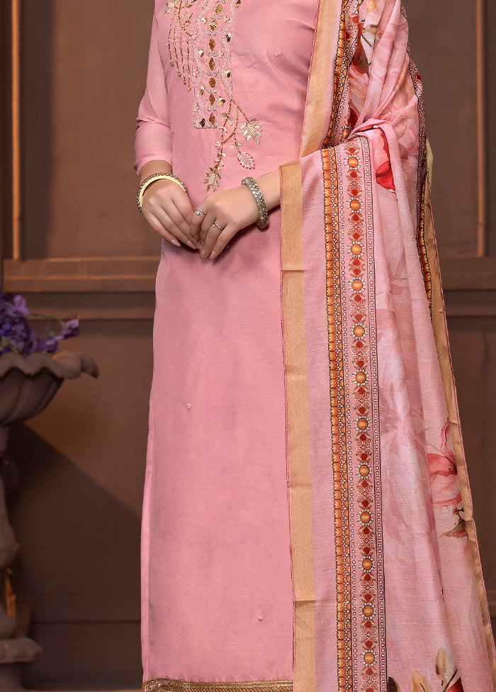 3 Pc Pink Semi Stitched Silk Suit Set