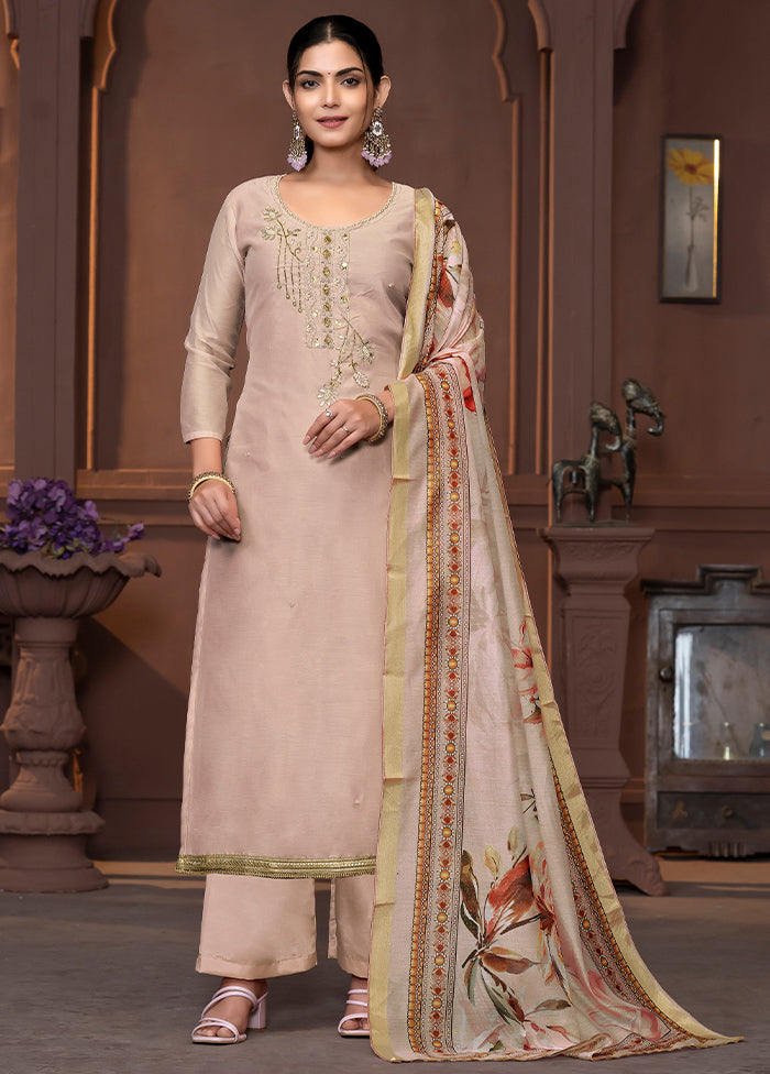 3 Pc Coral Semi Stitched Silk Suit Set