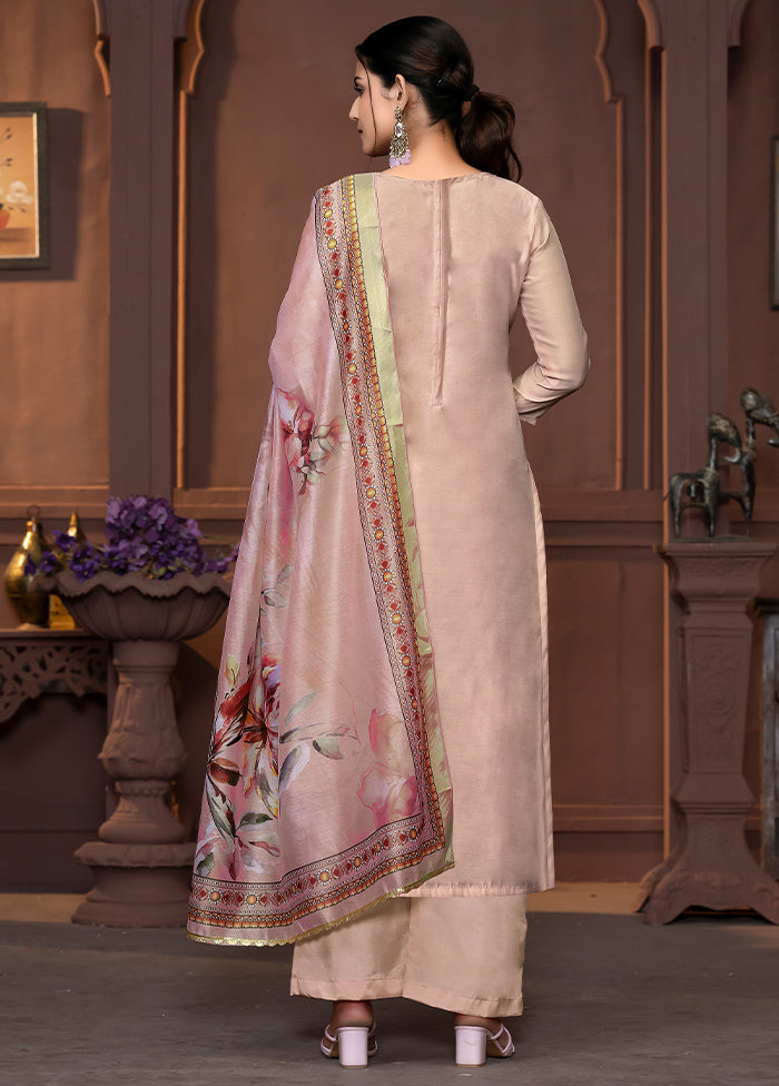 3 Pc Coral Semi Stitched Silk Suit Set