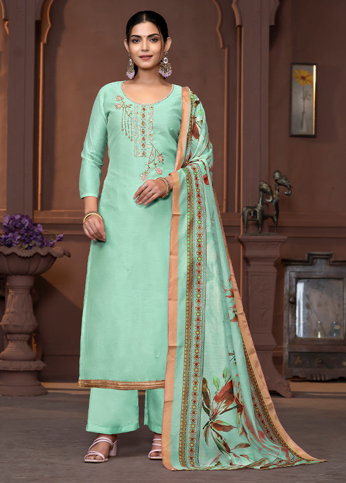 3 Pc Sea Green Semi Stitched Silk Suit Set