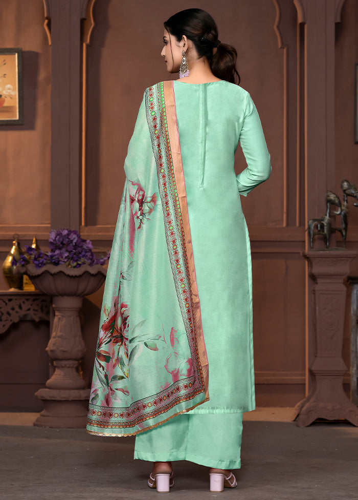 3 Pc Sea Green Semi Stitched Silk Suit Set