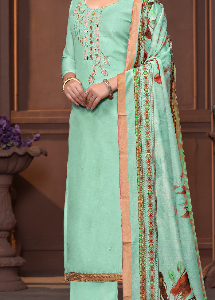 3 Pc Sea Green Semi Stitched Silk Suit Set