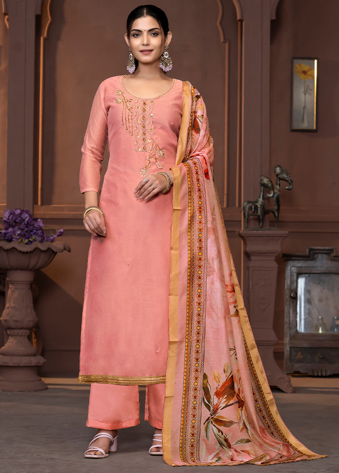 3 Pc Rust Semi Stitched Silk Suit Set