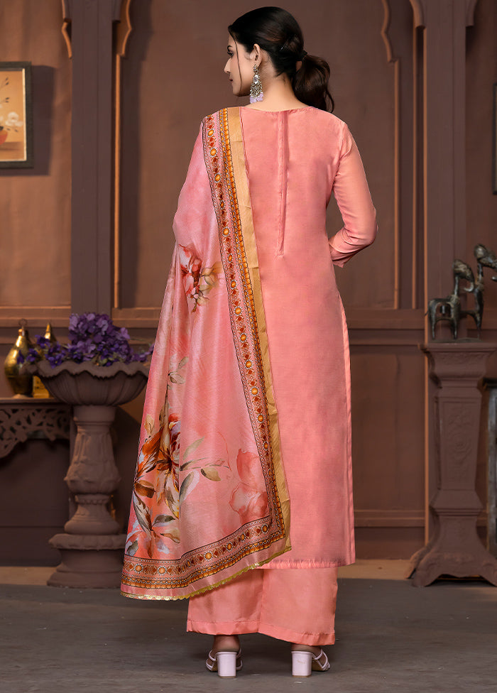 3 Pc Rust Semi Stitched Silk Suit Set