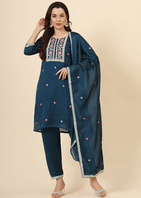 3 Pc Teal Blue Readymade Silk Suit Set