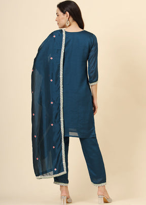 3 Pc Teal Blue Readymade Silk Suit Set