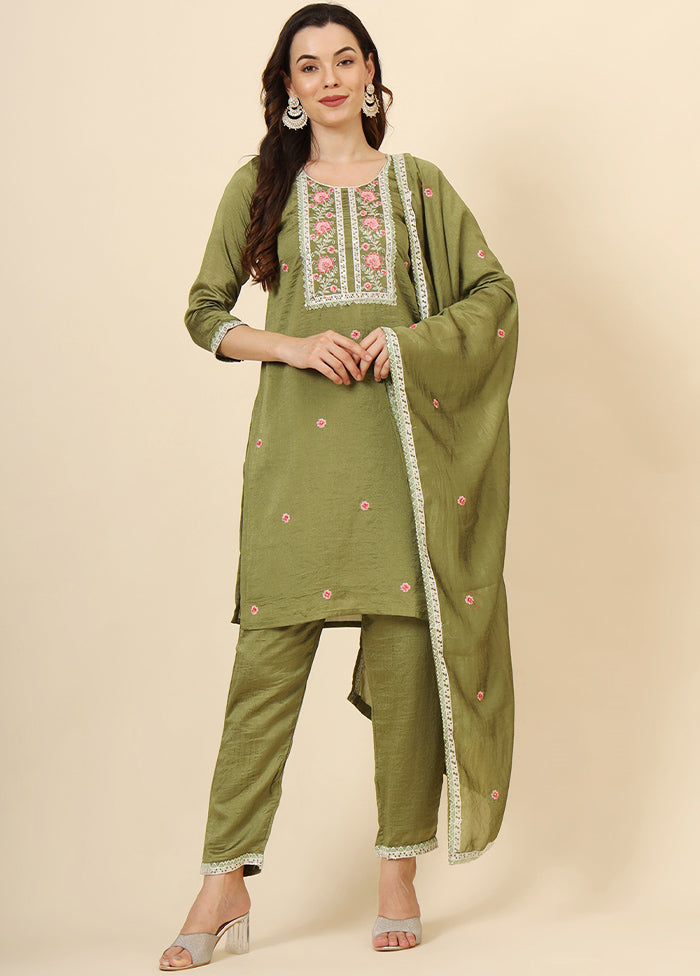 3 Pc Green Readymade Silk Suit Set