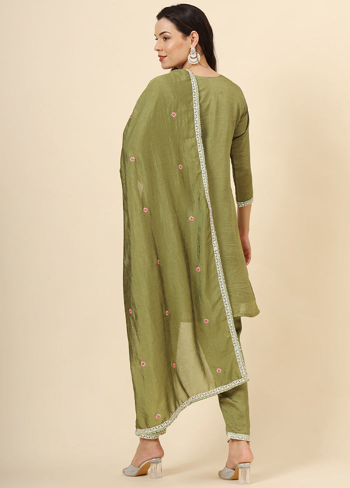 3 Pc Green Readymade Silk Suit Set