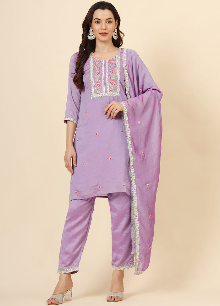 3 Pc Purple Readymade Silk Suit Set