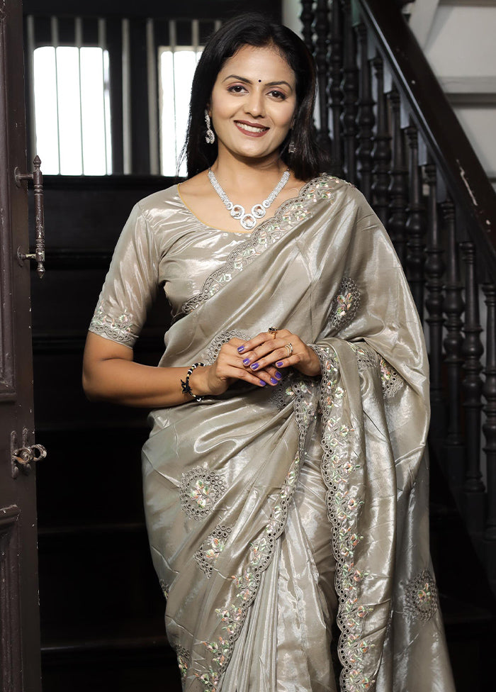 Grey Dupion Silk Saree With Blouse Piece