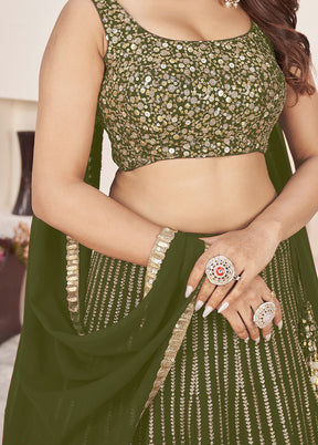 3 Pc Olive Green Georgette Semi Stitched Lehenga Set