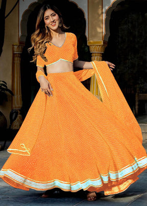 3 Pc Yellow Georgette Semi Stitched Lehenga Set