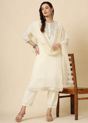 3 Pc Cream Readymade Silk Suit Set