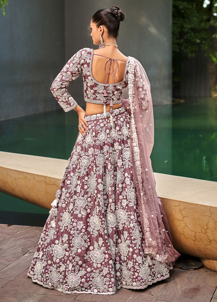 3 Pc Lavender Blended Silk Semi Stitched Lehenga Set