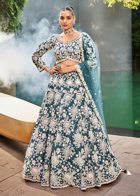 3 Pc Teal Blended Silk Semi Stitched Lehenga Set