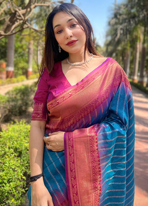 Blue Dupion Silk Saree With Blouse Piece