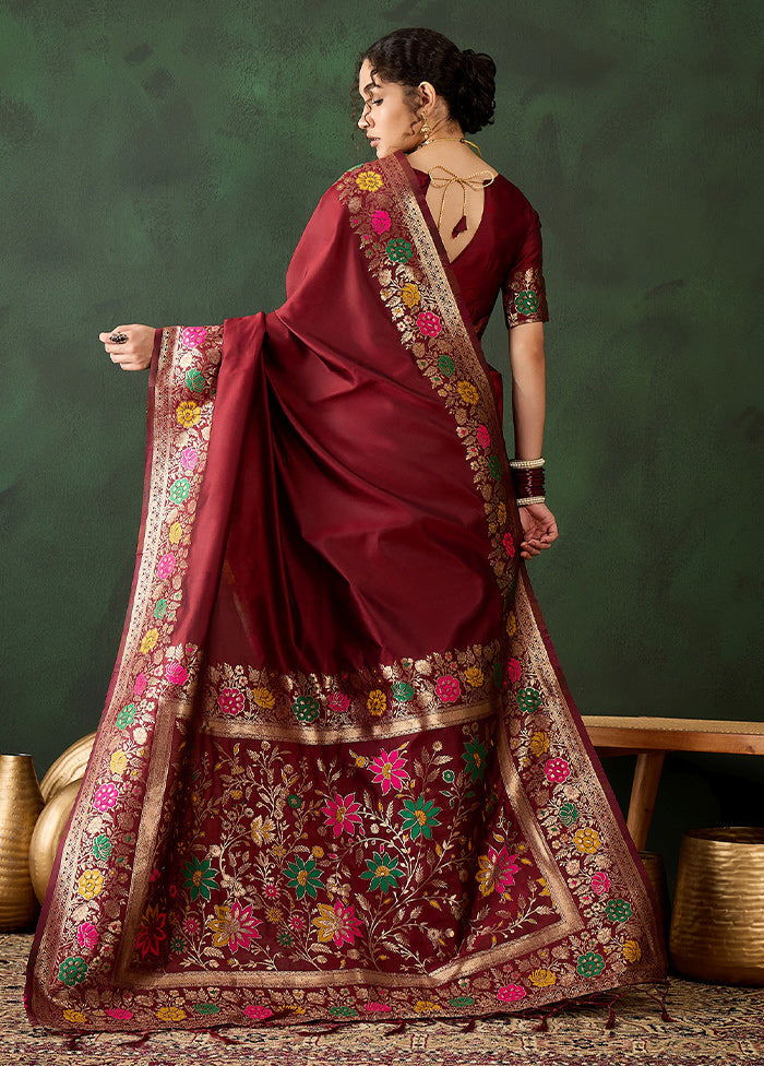 Maroon Dupion Silk Saree With Blouse Piece