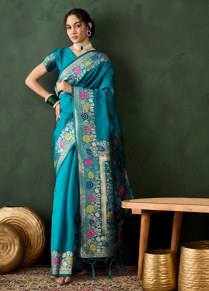 Teal Dupion Silk Saree With Blouse Piece